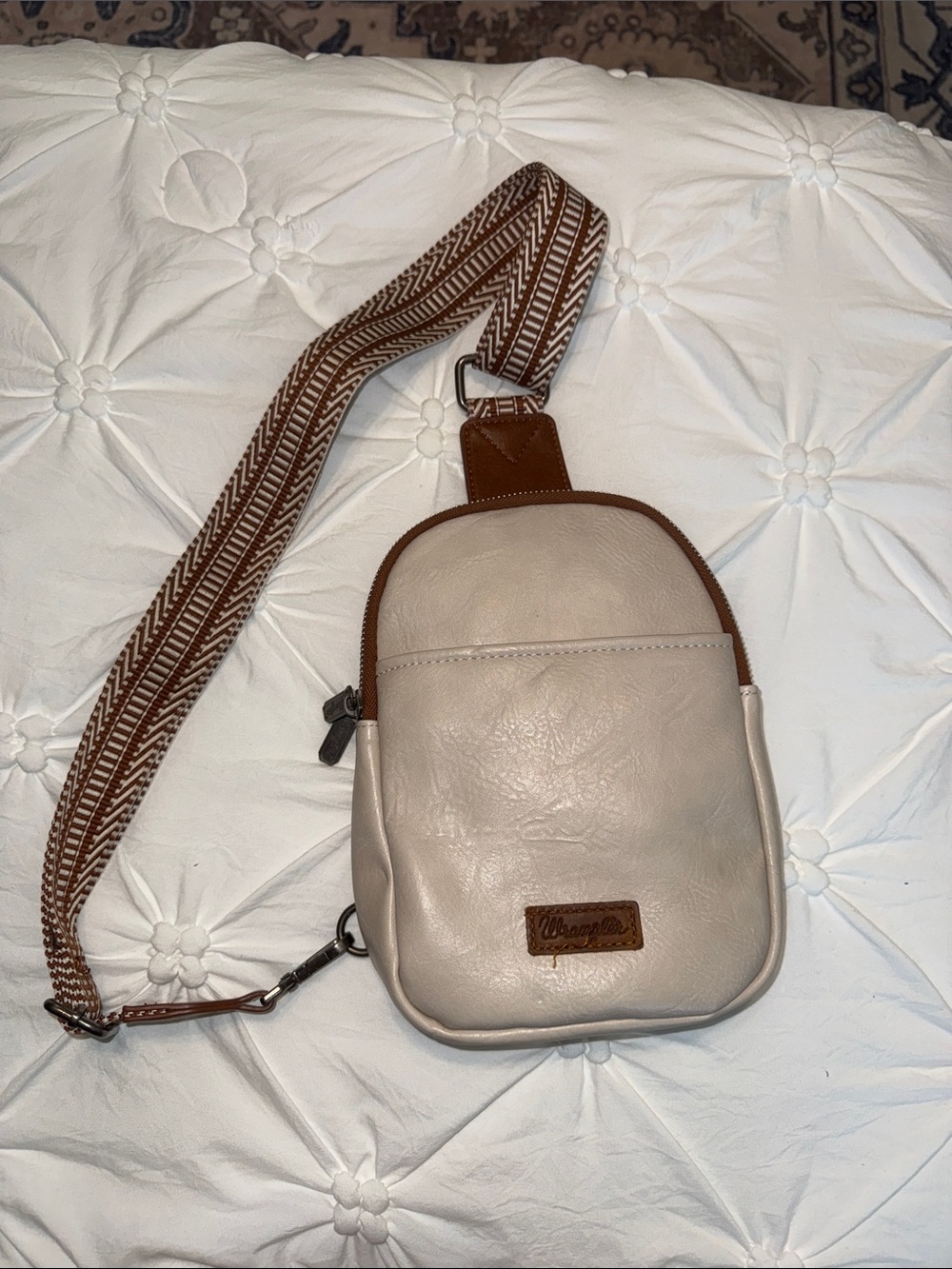 Wrangler Cream Sling Bag with Brown Trim and Patterned Strap